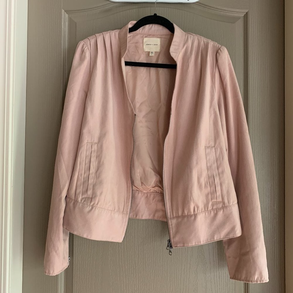 dusty rose pink bomber jacket cottagecore aesthetic collegiate pastel feminine